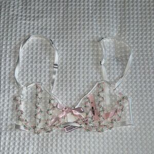 Floral Embellished White and Pink Bra